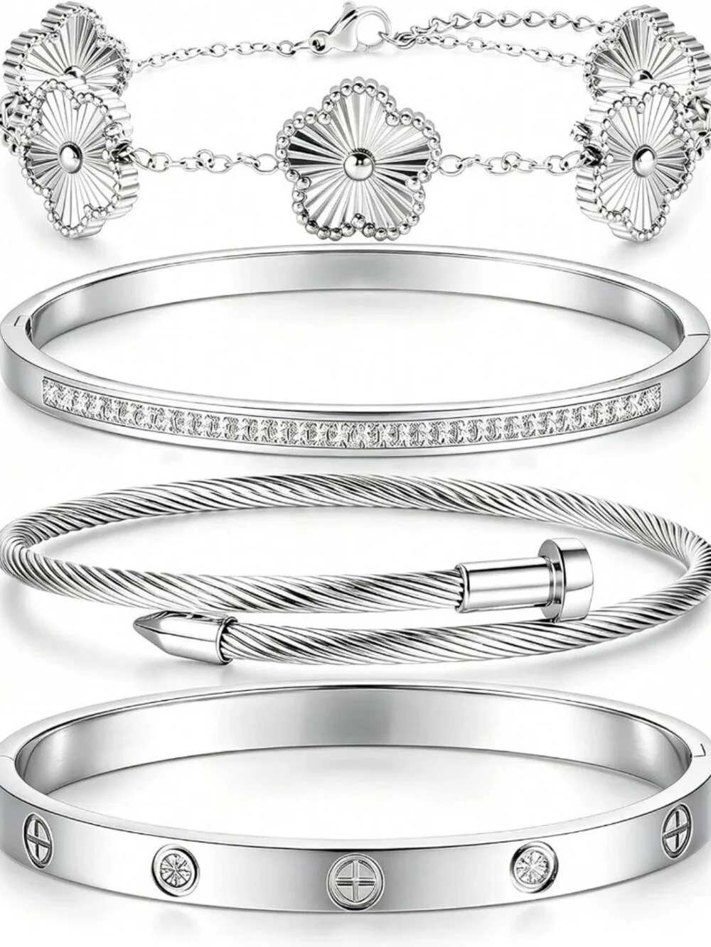 Stackable 18K Gold Clover & Nail Bangles - Non-Tarnish Jewelry Gift for Her